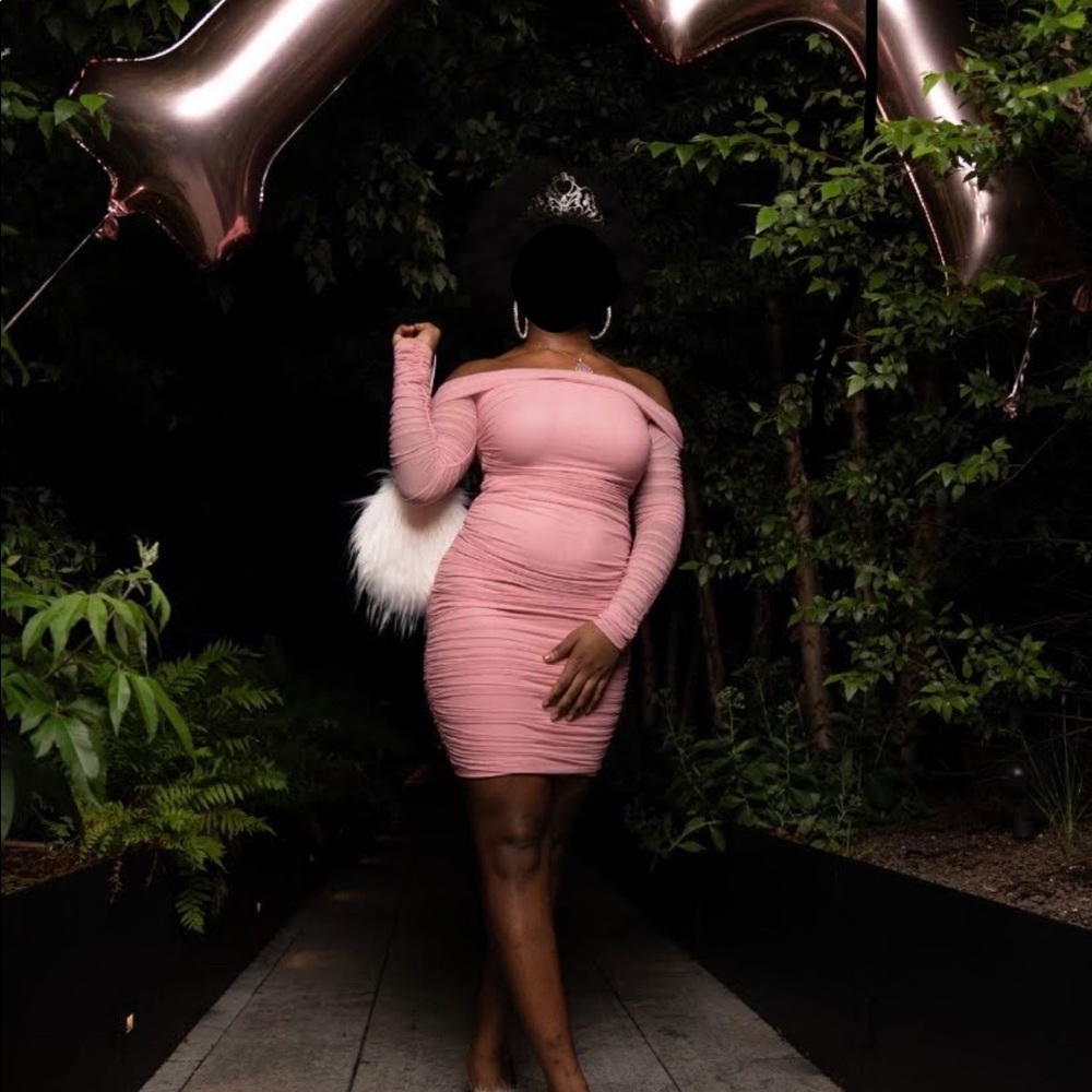 Ready in a Ruched Off Shoulder Midi Dress - Pink